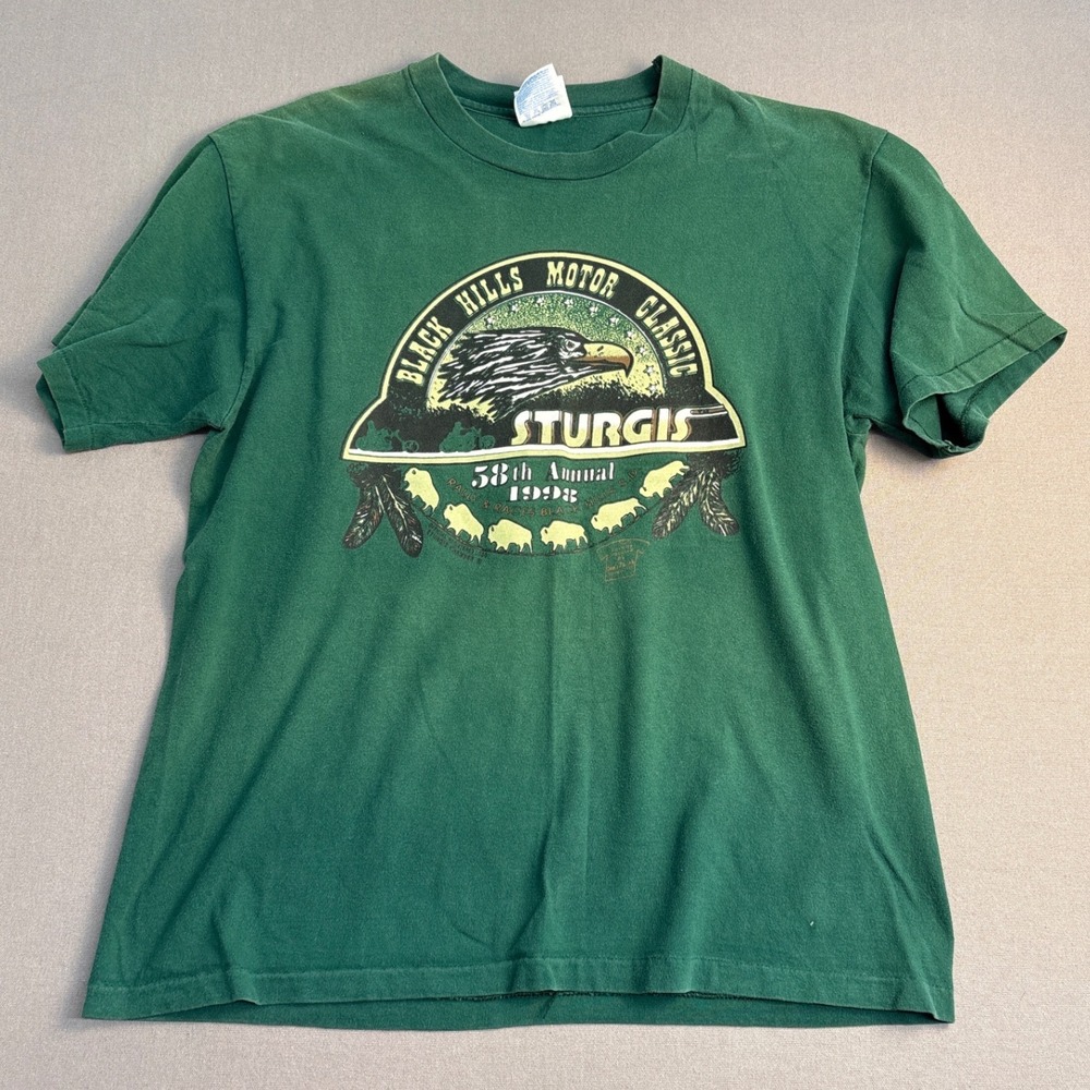 Vintage 1998 Sturgis Black Hills Motor Classic Hanes Beefy T-Shirt Green Large